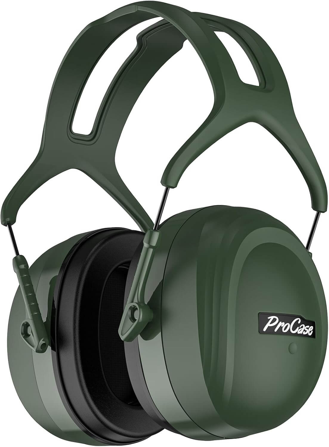 Green over-ear hearing protection earmuffs with a padded headband and a visible ProCase logo on the outer cup, shown on a plain white background.