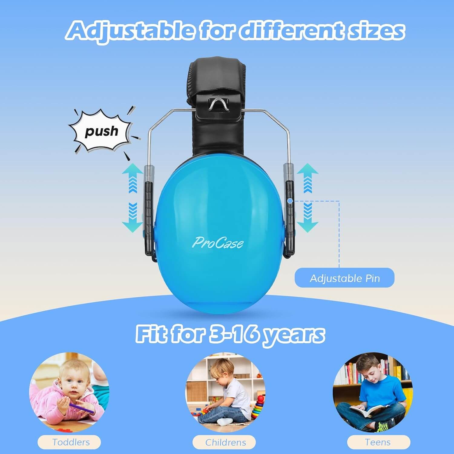 Blue children's noise reduction earmuffs with adjustable features on a blue background