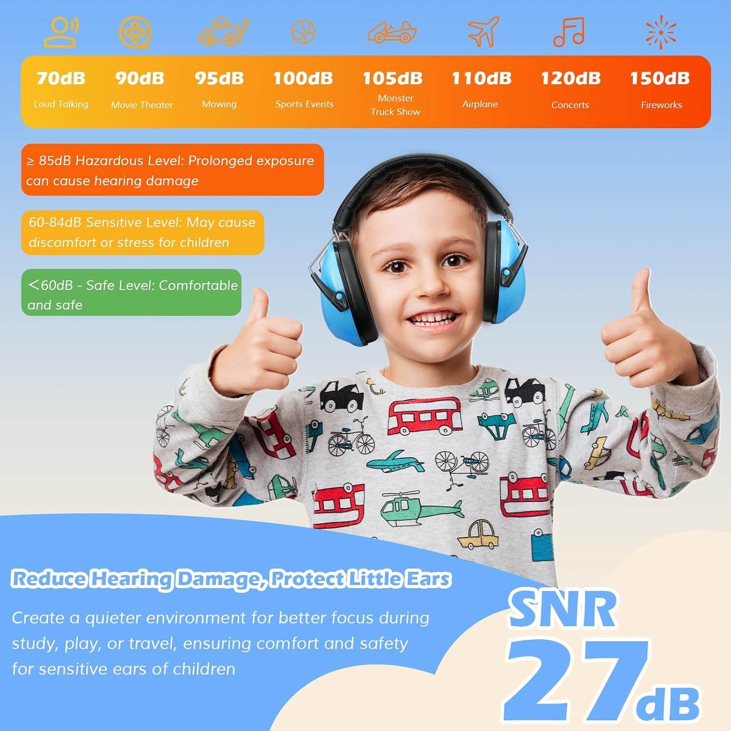 Child wearing noise reduction earmuffs with a dB level chart and safety information on a blue background