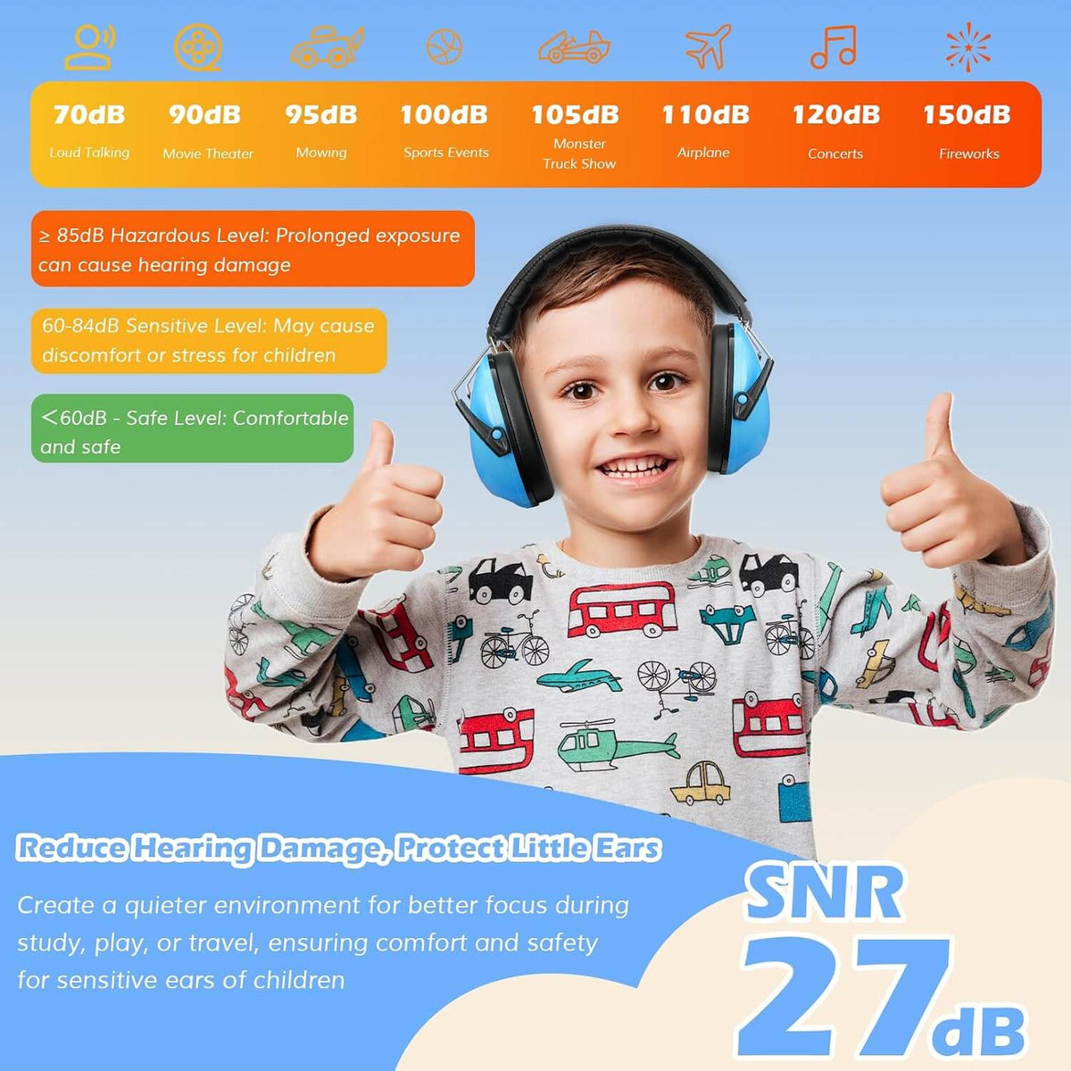 Child wearing noise reduction earmuffs with a dB level chart and safety information on a blue background
