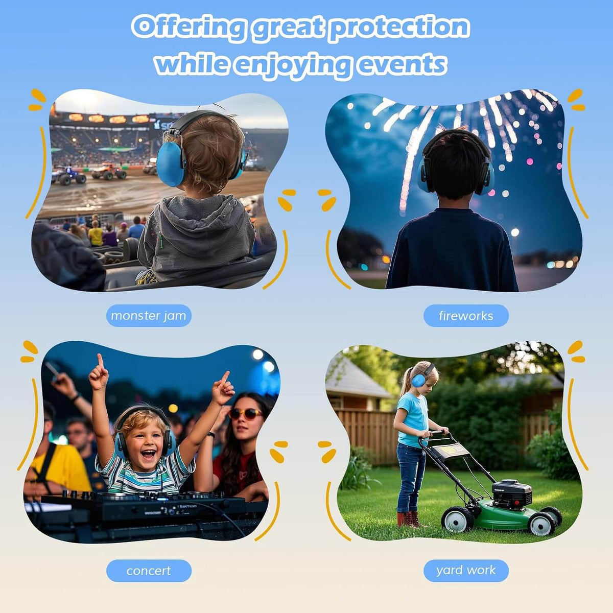 Children wearing noise reduction earmuffs in various scenarios like a concert, fireworks, and yard work.