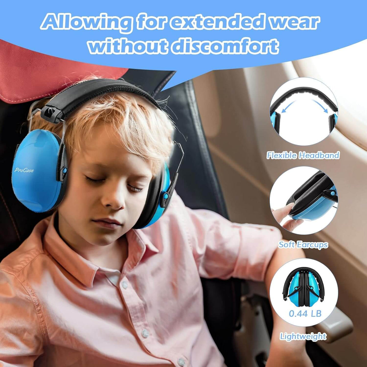 Child wearing blue noise reduction earmuffs with text about extended wear comfort.