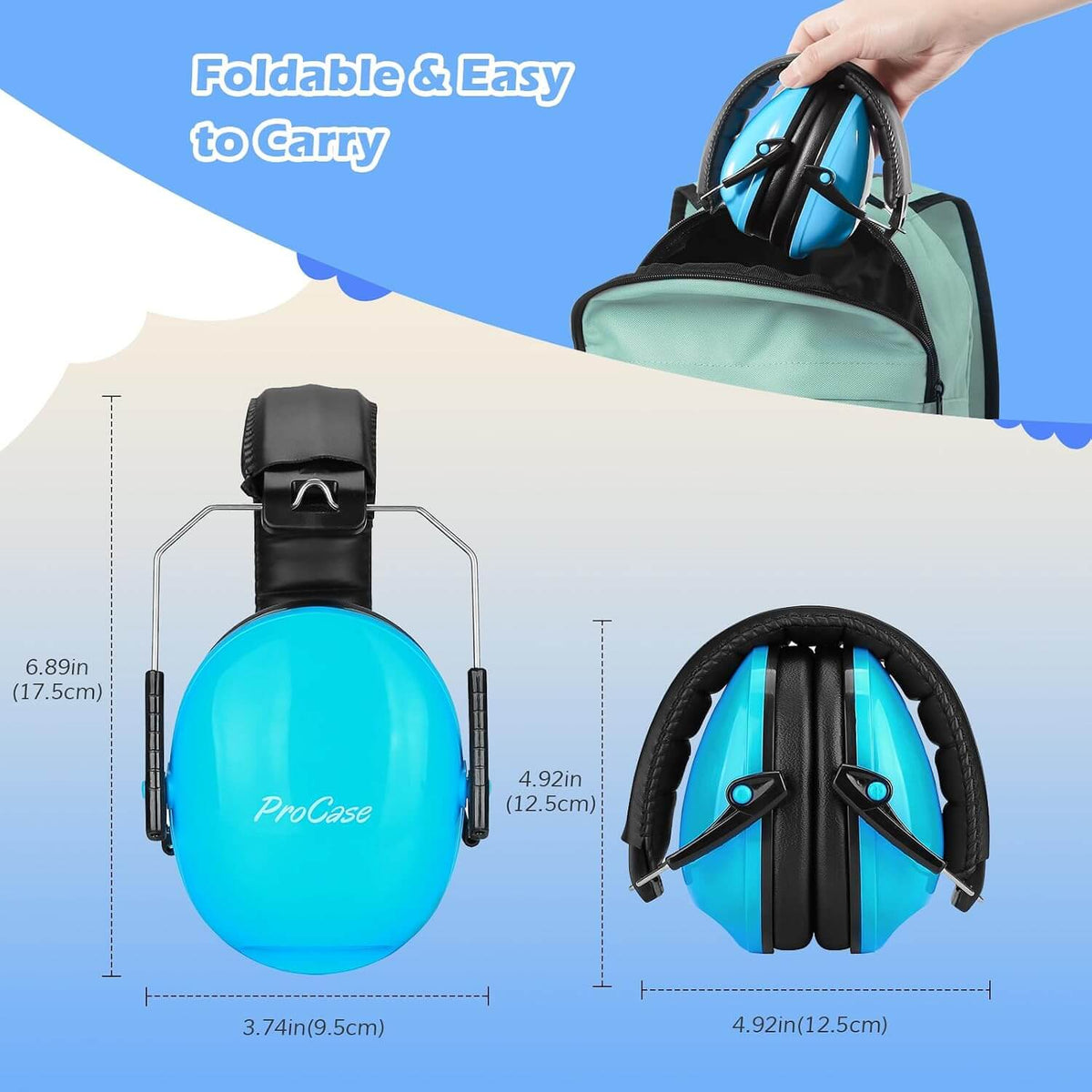 Blue noise reduction earmuffs with black straps, held by a hand above a blue background, showing 'ProCase' branding.