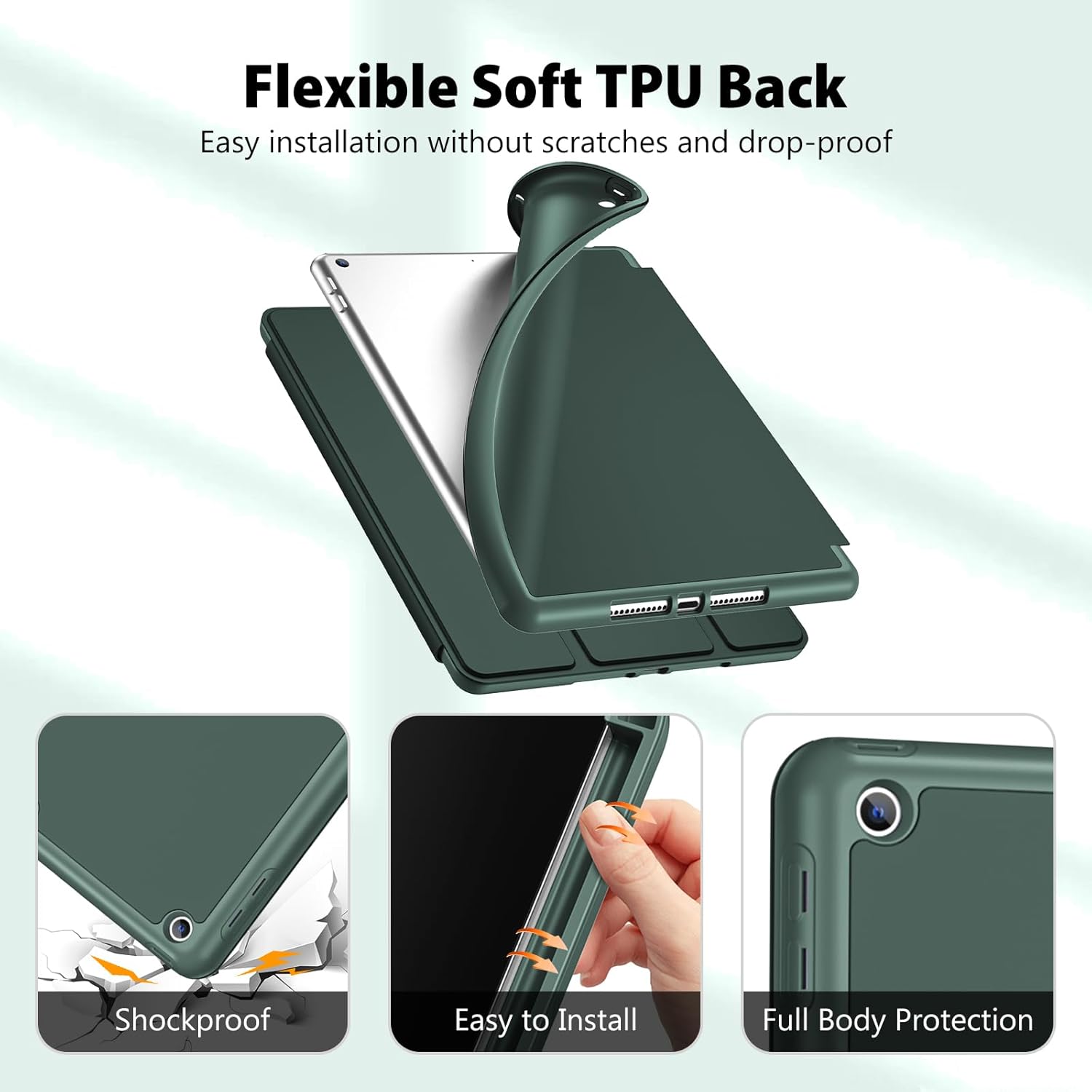 iPad 9th 8th 7th Generation 10.2" (2021/2020/2019 Release), Soft TPU Back Cover with Pencil Holder, Shockproof Smart Slim Case, Auto Sleep/Wake, green