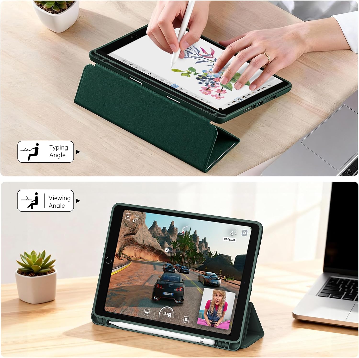 iPad 9th 8th 7th Generation 10.2" (2021/2020/2019 Release), Soft TPU Back Cover with Pencil Holder, Shockproof Smart Slim Case, Auto Sleep/Wake, green