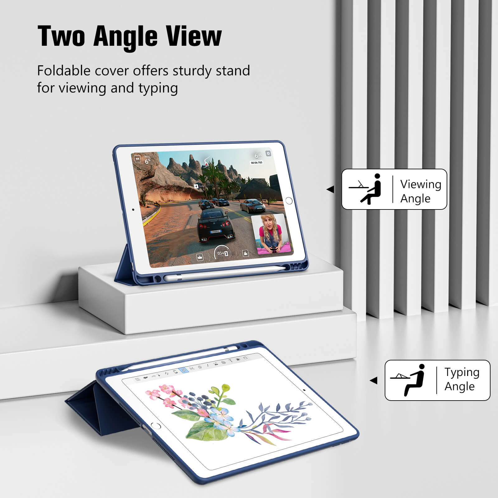Foldable cover with two viewing angles for a tablet on a white surface.Smart Case for 10.5” iPad Air 3rd Generation 2019 / iPad Pro 2017