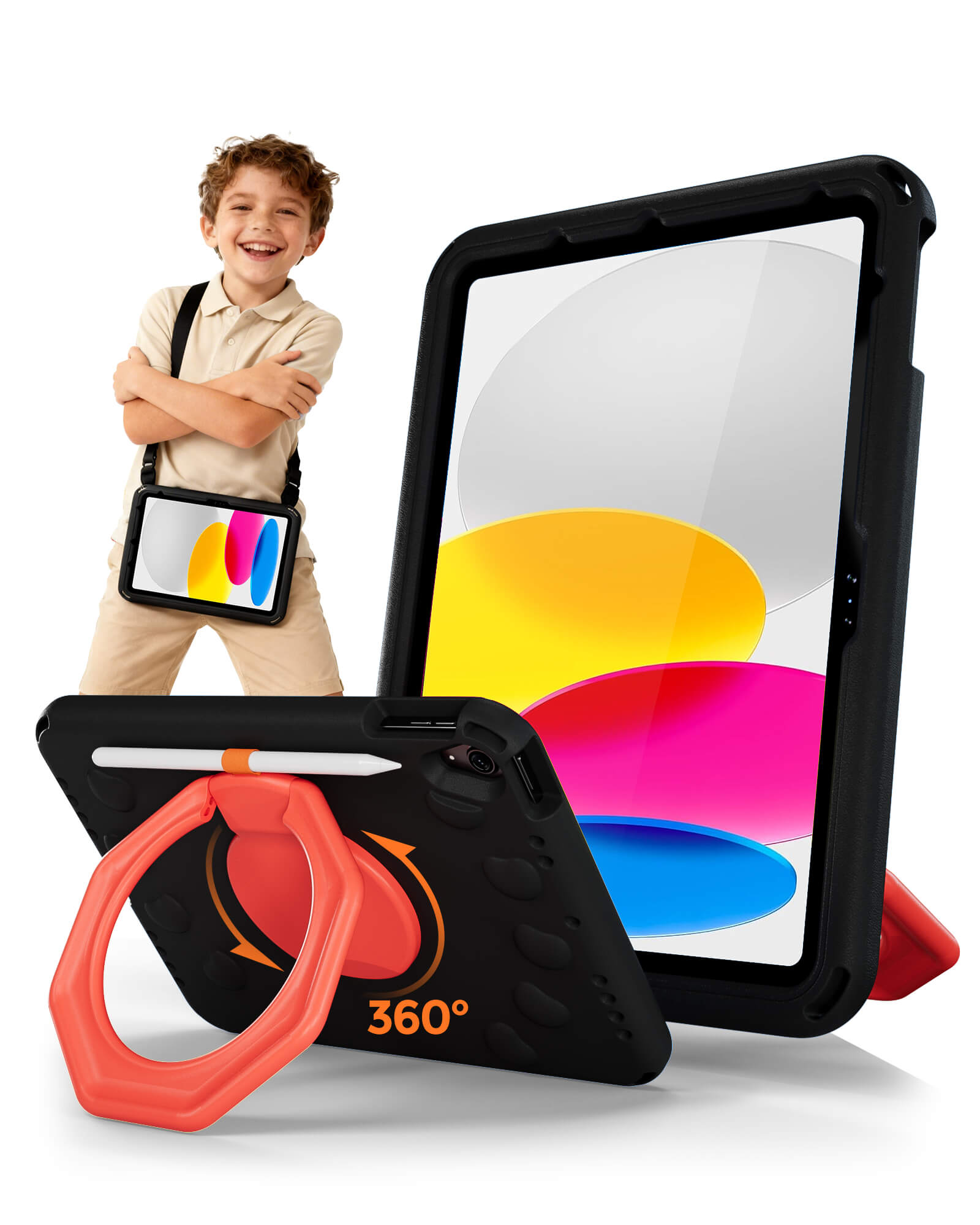 Shockproof Kids Case for iPad A16 11th Gen/iPad 10th Gen with pencil holder, black