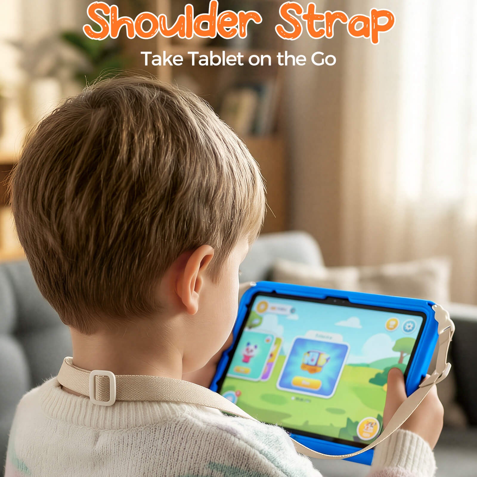 Child holding a tablet with a shoulder strap in a living room setting