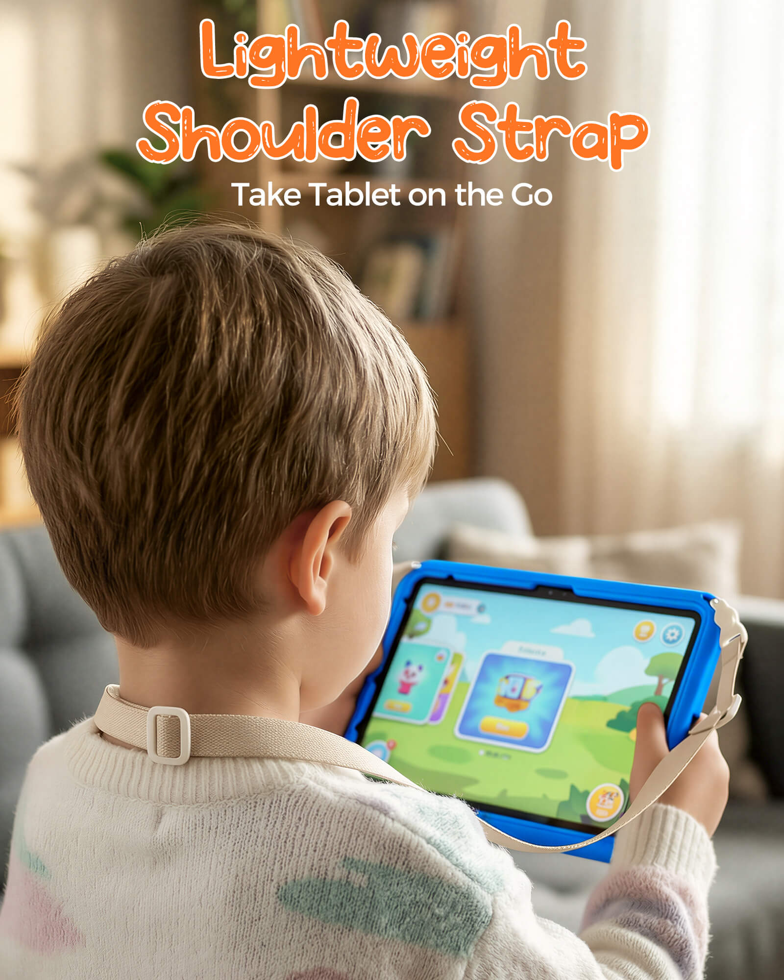 Child holding a tablet with a shoulder strap in a living room setting