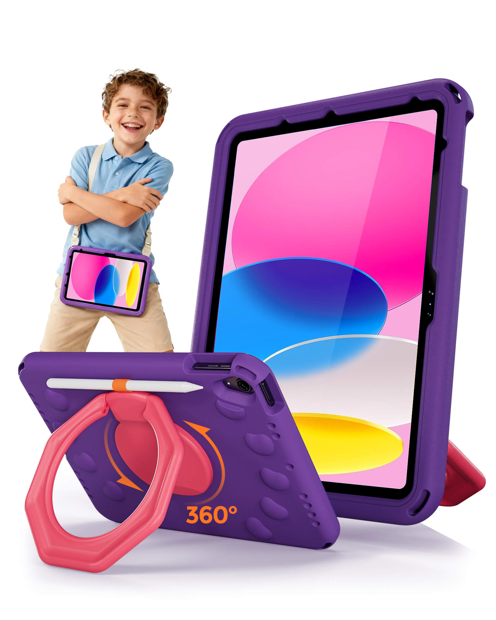 Shockproof Kids Case for iPad A16 11th Gen/iPad 10th Gen with pencil holder, purple