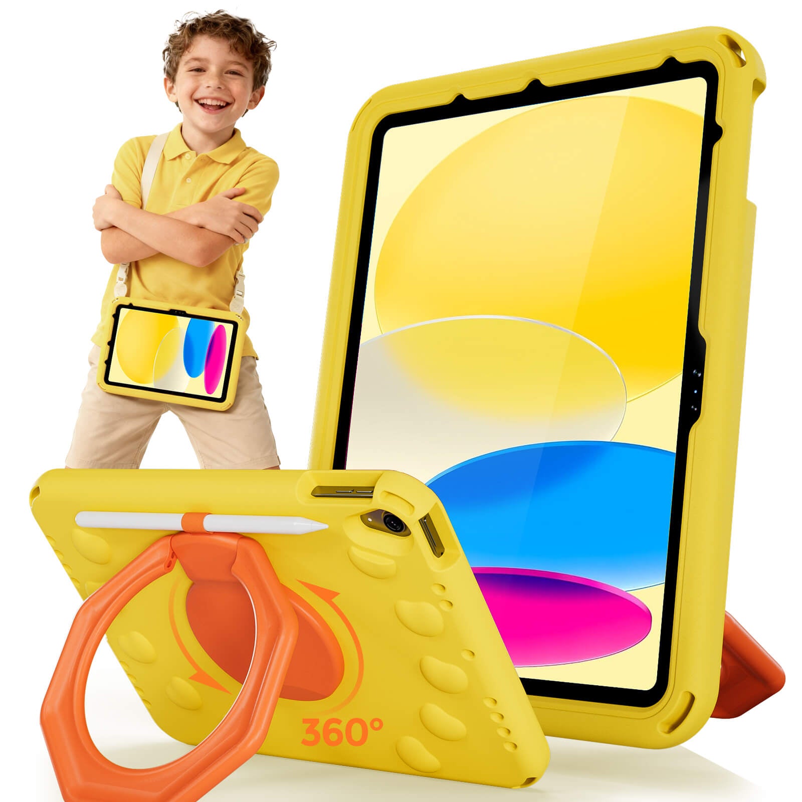 Shockproof Kids Case for iPad A16 11th Gen/iPad 10th Gen with pencil holder, yellow