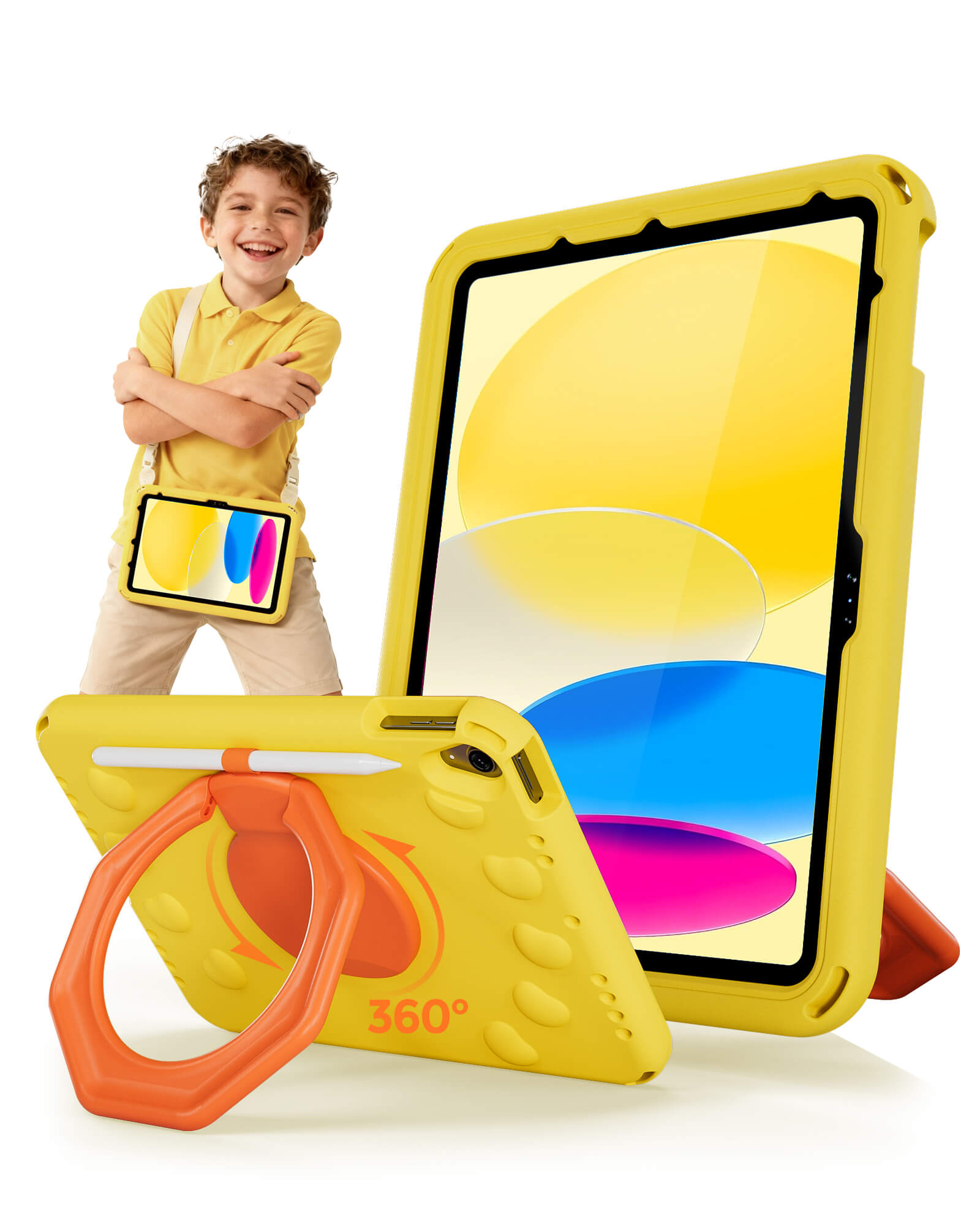Shockproof Kids Case for iPad A16 11th Gen/iPad 10th Gen with pencil holder, yellow