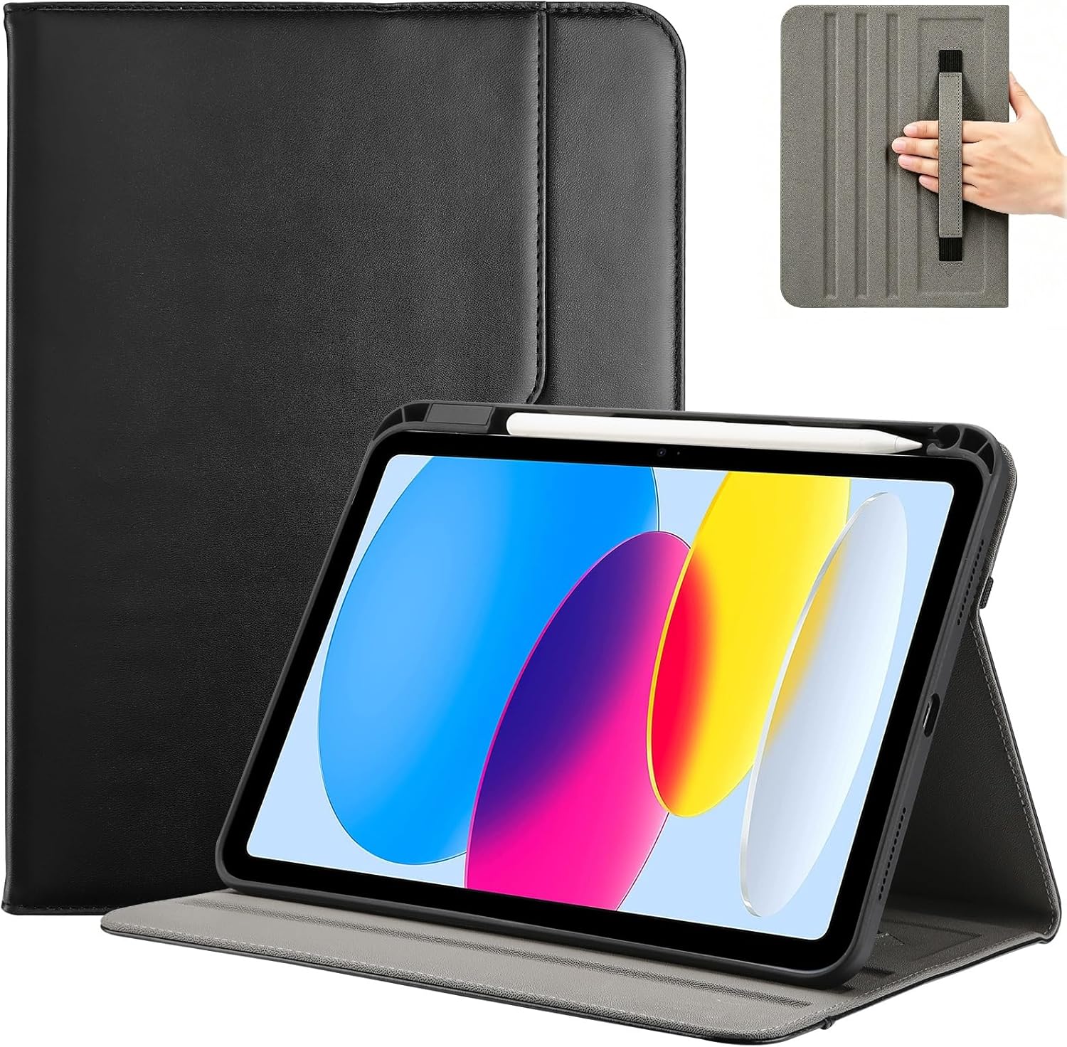 iPad 11th/10th 2022 PU Leather Case with Pencil Holder, black