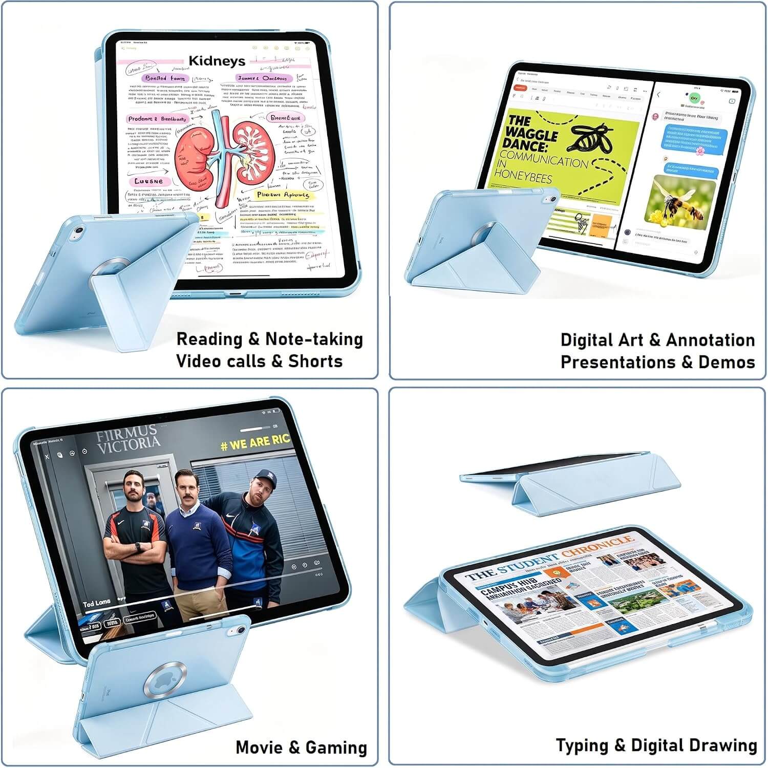 A four-panel collage showing a light blue iPad A16 11th/10th Gen Smart Case in different stand positions on a white background, with example app screens displayed on the tablet. Text labels describe uses such as reading and note-taking, digital art and presentations, movie and gaming, and typing and digital drawing.
