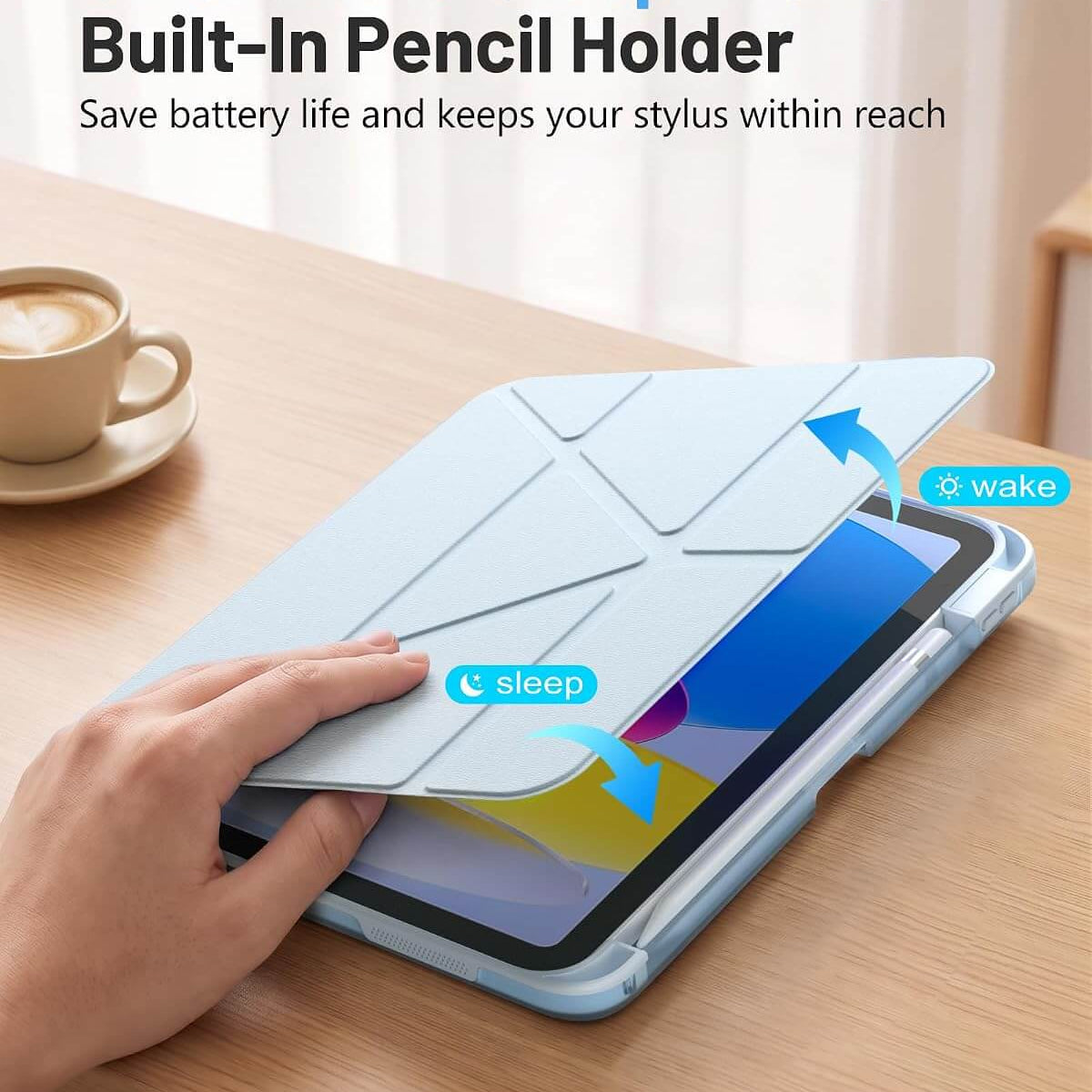 A light blueiPad A16 11th/10th Gen Smart Case with a built-in stylus holder is shown on a wooden table, with a hand lifting the cover to demonstrate the sleep/wake function. The image includes text overlays explaining the smart auto sleep/wake feature and a built-in pencil holder.