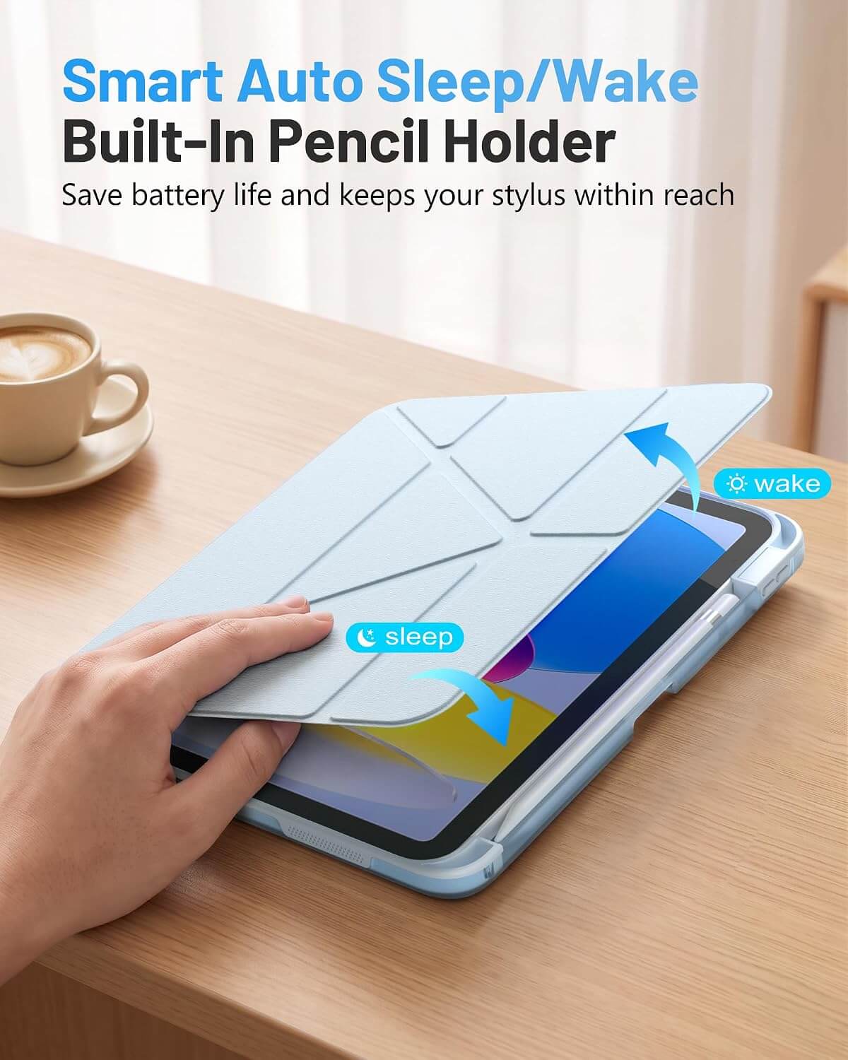 A light blueiPad A16 11th/10th Gen Smart Case with a built-in stylus holder is shown on a wooden table, with a hand lifting the cover to demonstrate the sleep/wake function. The image includes text overlays explaining the smart auto sleep/wake feature and a built-in pencil holder.