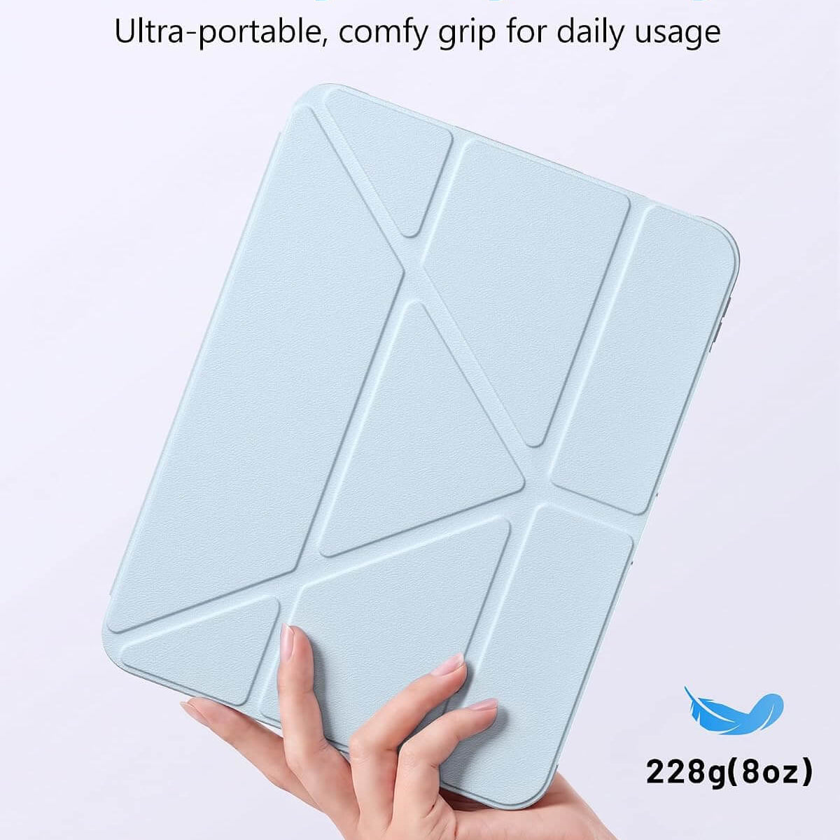 A hand holding a light iPad A16 11th/10th Gen Smart Case with geometric panel design. Text at the top reads 'Slim & Lightweight Design' and 'Ultra-portable, comfy grip for daily usage,' with '228g(8oz)' shown at the bottom right.