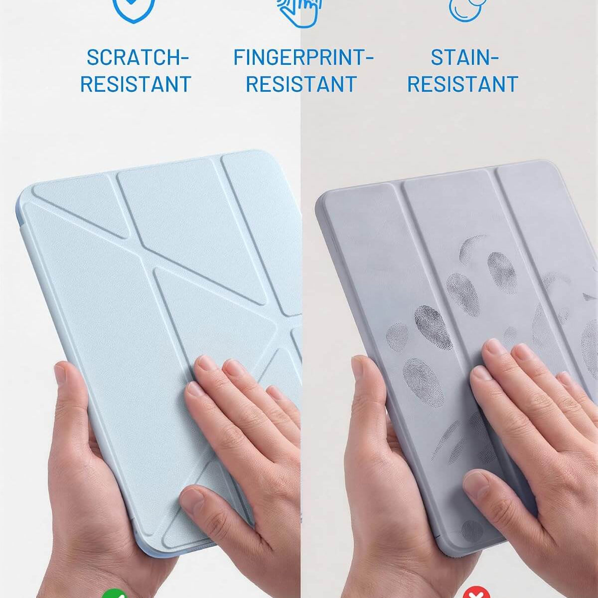 A split comparison showing a light blue iPad A16 11th/10th Gen Smart Case held in two hands. The left half is labeled 'Ours' with a green checkmark and shows the sleeve with no visible damage.