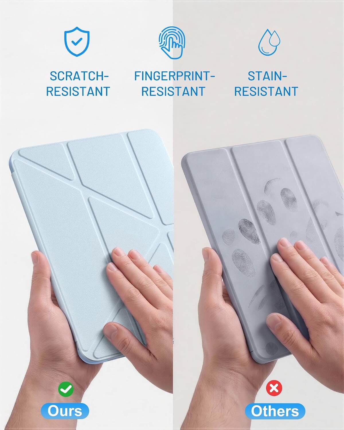A split comparison showing a light blue iPad A16 11th/10th Gen Smart Case held in two hands. The left half is labeled 'Ours' with a green checkmark and shows the sleeve with no visible damage.