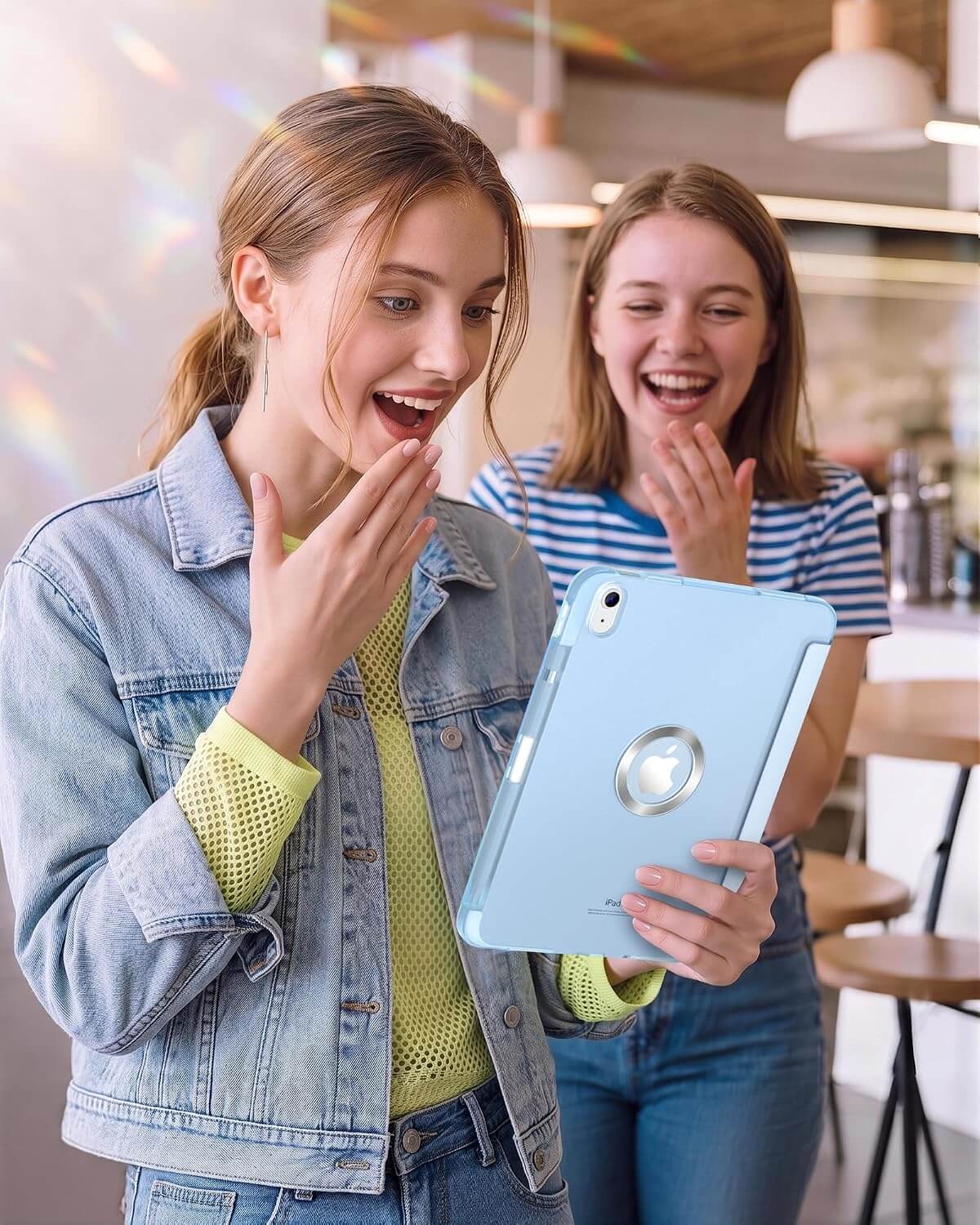 Two young women in a bright cafe setting are excitedly looking at a light blue iPad A16 11th/10th Gen Smart Case. The woman in the foreground is wearing a light-wash denim jacket over a yellow-green top, and the woman behind her is wearing a blue and white striped shirt.