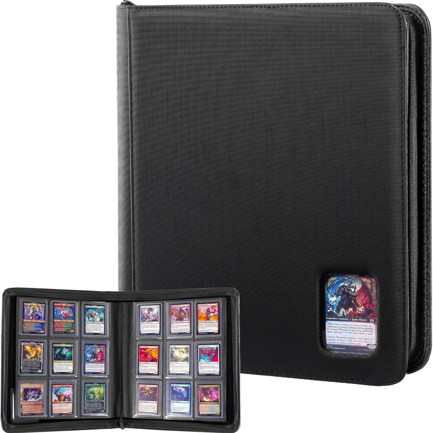 Black trading card binder with colorful cards on a white background