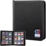 Black trading card binder with colorful cards on a white background