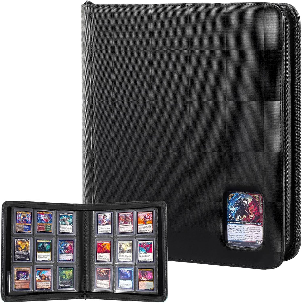 Black trading card binder with colorful cards on a white background