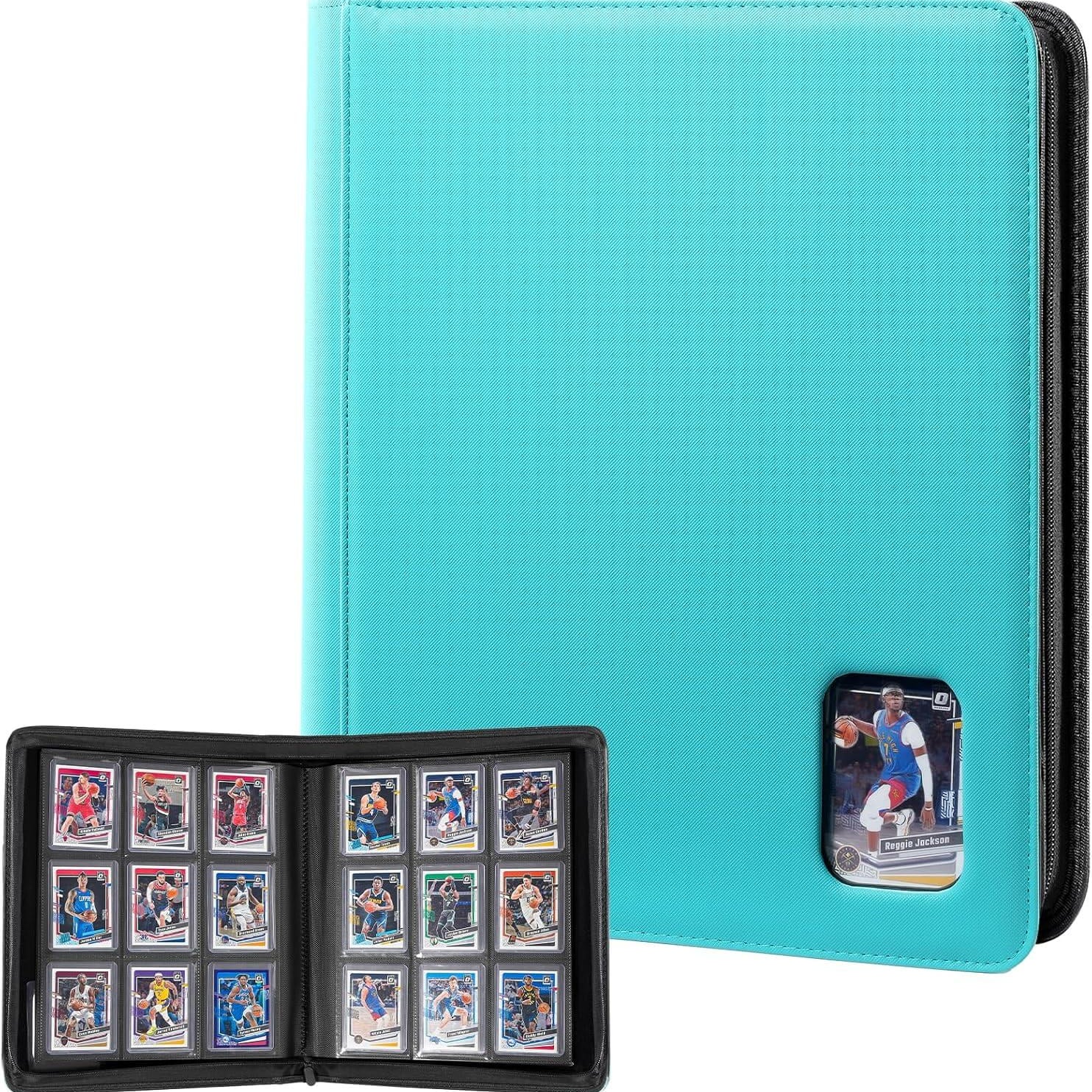 A turquoise blue textured card binder with a black cover, shown closed and open to display multiple card slots and a small card holder window. The product is photographed on a clean white background.