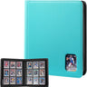 A turquoise blue textured card binder with a black cover, shown closed and open to display multiple card slots and a small card holder window. The product is photographed on a clean white background.