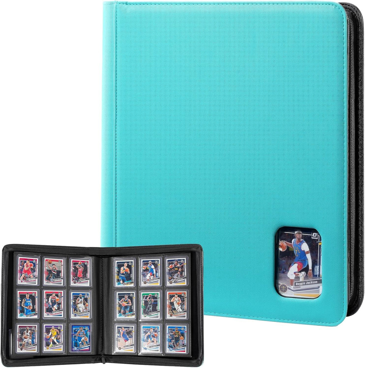 A turquoise blue textured card binder with a black cover, shown closed and open to display multiple card slots and a small card holder window. The product is photographed on a clean white background.