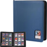 A blue zip-around card binder shown closed and open, with multiple sample trading cards visible in the transparent pockets. The main product is the binder itself; the cards appear to be included inserts or demonstration contents rather than separate products.