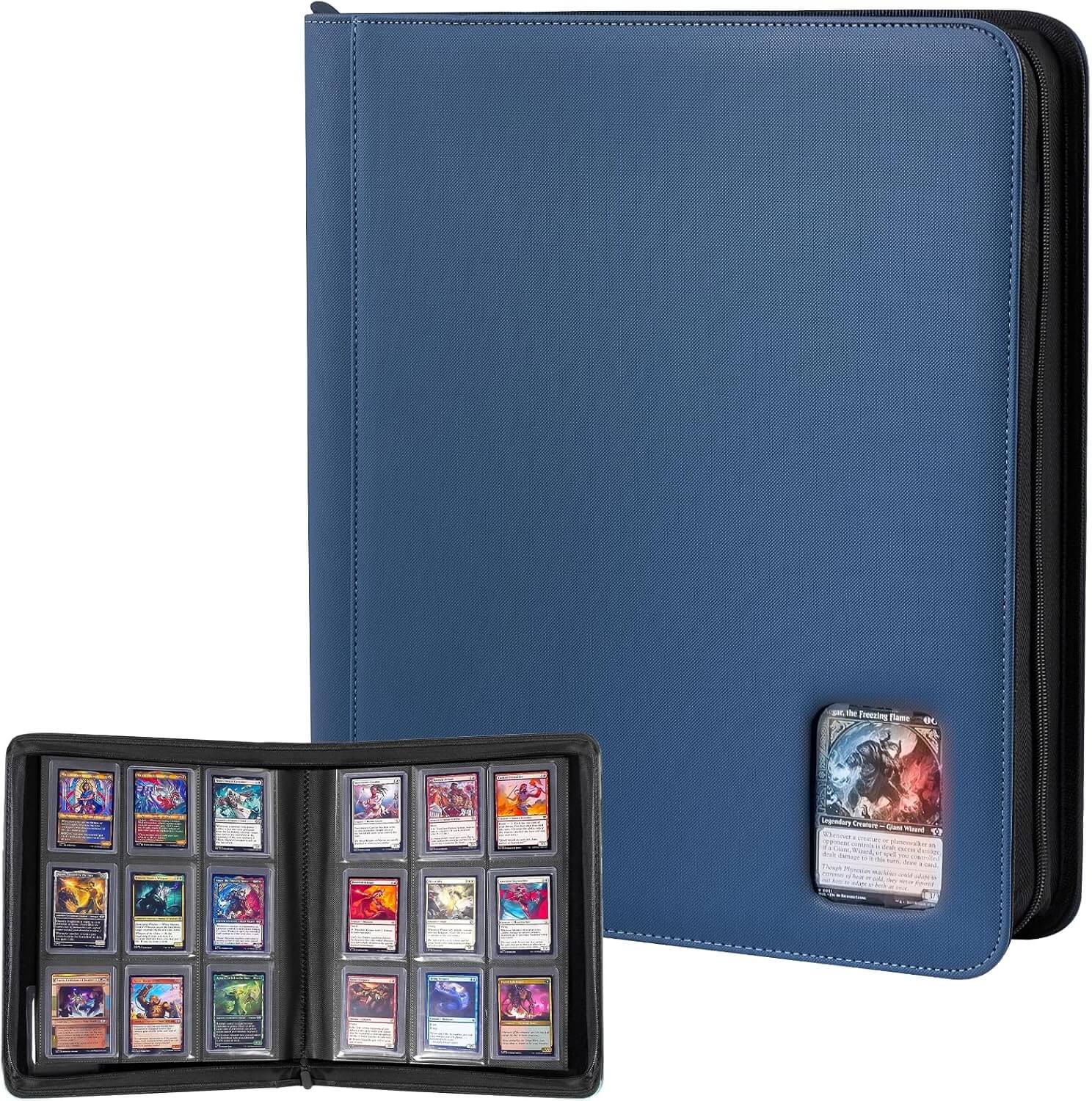 A blue zip-around card binder shown closed and open, with multiple sample trading cards visible in the transparent pockets. The main product is the binder itself; the cards appear to be included inserts or demonstration contents rather than separate products.