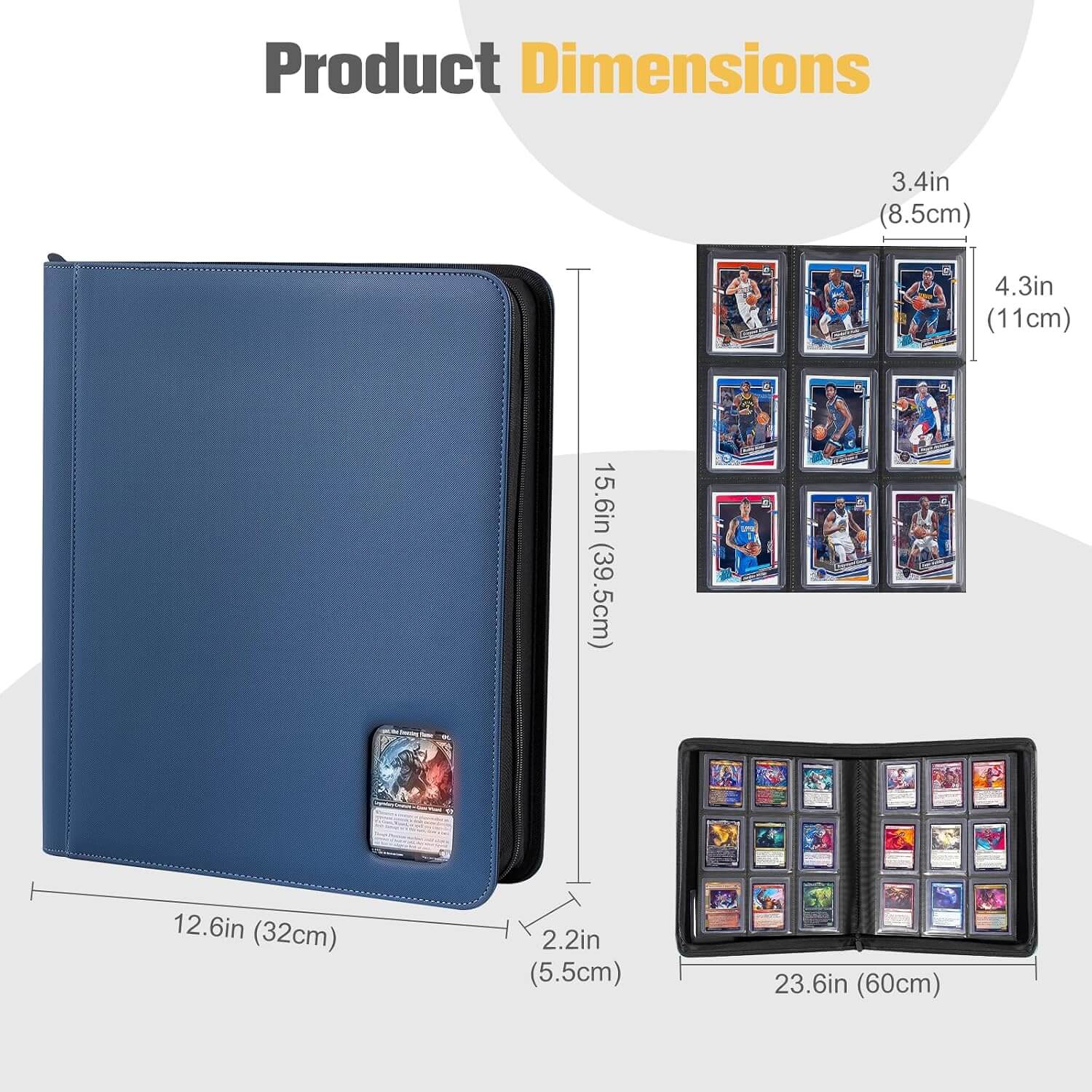 Blue binder-style card or sticker album shown with overlaid dimension labels and inset views of the front cover and open interior pages. The image is labeled 'Product Dimensions' and includes measurements in inches and centimeters.