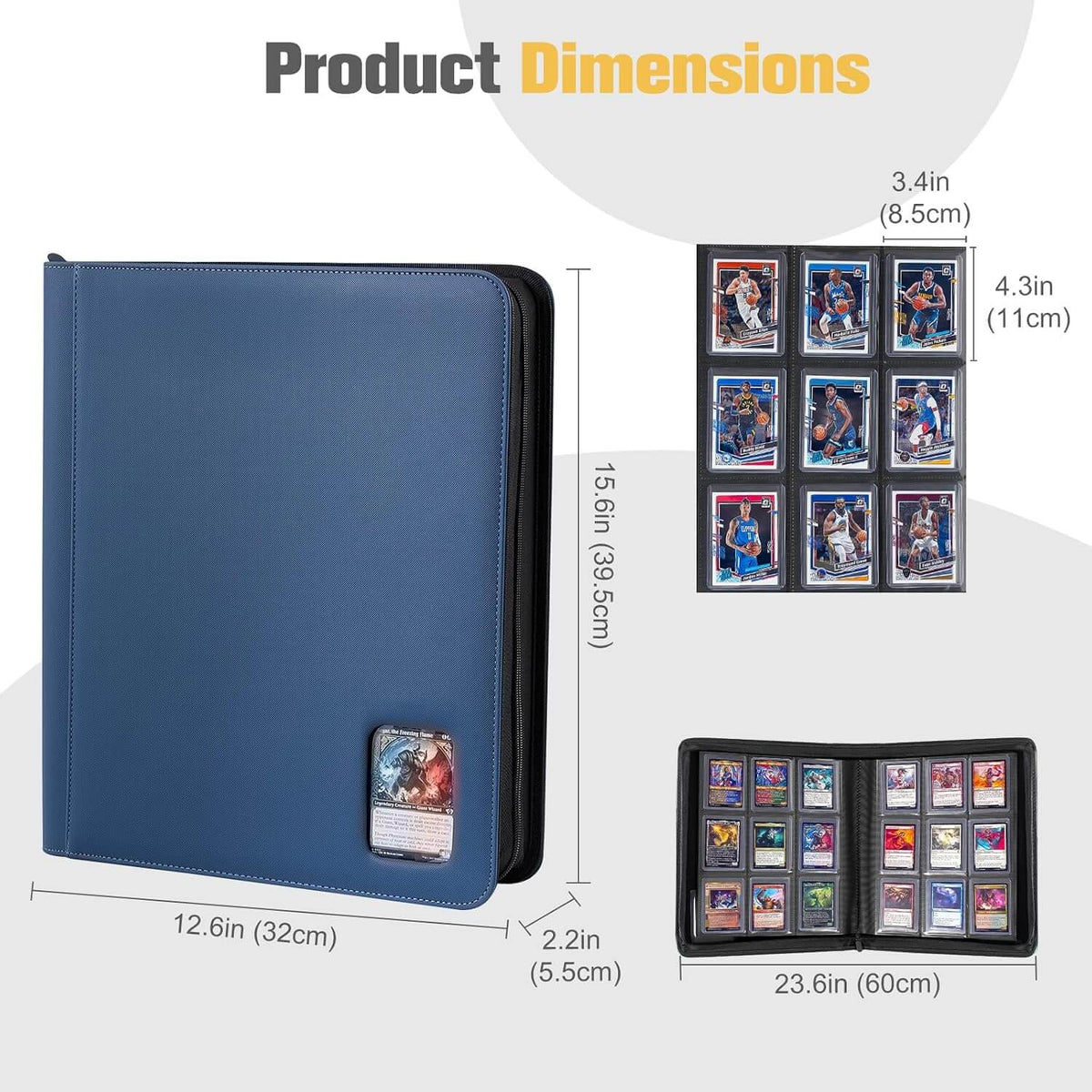 Blue binder-style card or sticker album shown with overlaid dimension labels and inset views of the front cover and open interior pages. The image is labeled 'Product Dimensions' and includes measurements in inches and centimeters.