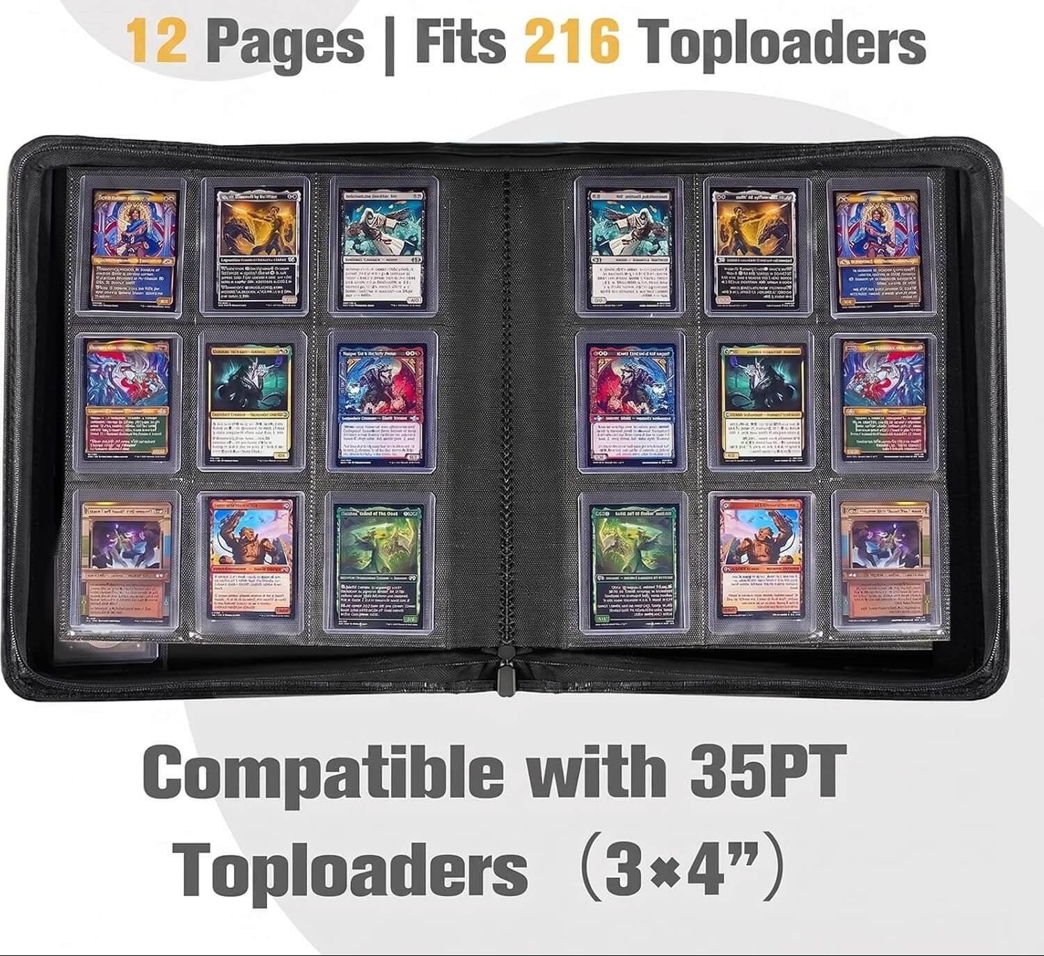 A black zip-top card binder shown open, filled with multiple collectible trading cards in protective sleeves. Text at the top says it fits 324 top loaders for 18 pages, and text at the bottom says it is compatible with 35PT top loaders (3x4 inches).
