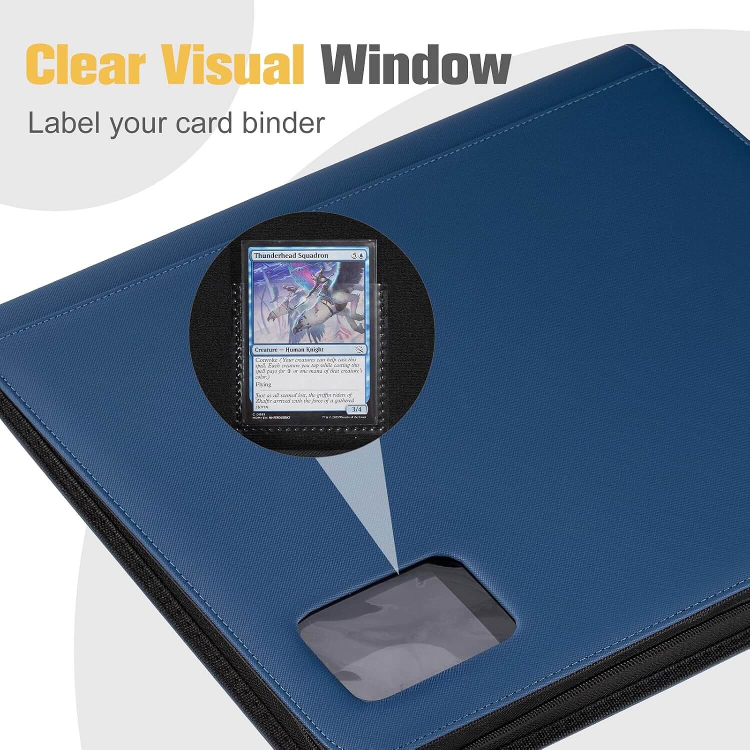 Blue card binder with a clear visual window and black trim, shown on a light gray background with text reading 'Clear Visual Window' and 'Label your card binder.' A circular inset highlights the transparent window area with a sample card inserted.