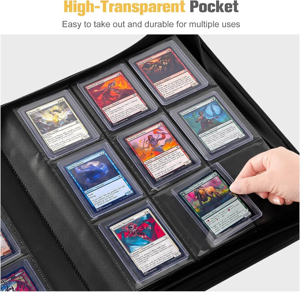Collection of trading cards in a high-transparent pocket album with a hand interacting with the cards.