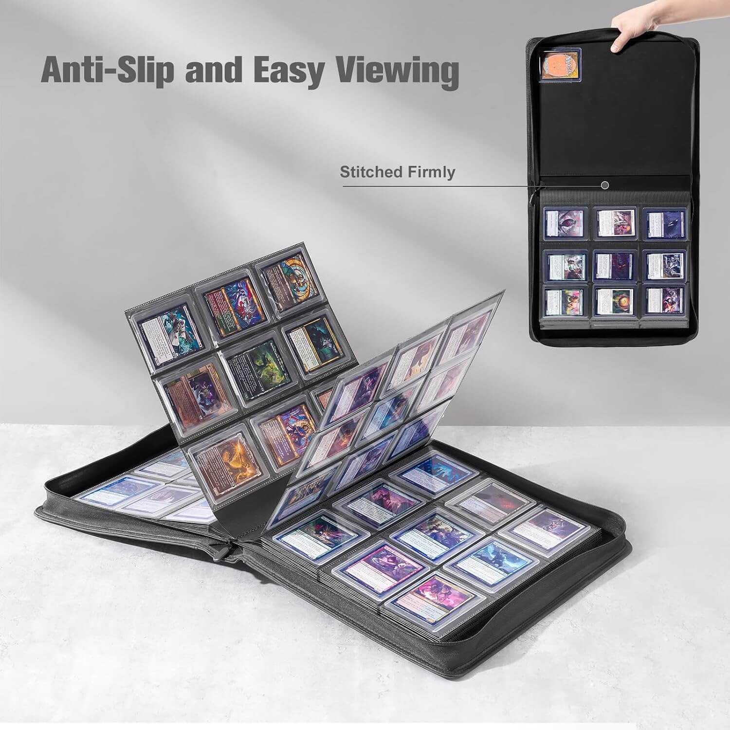 Card holder with multiple compartments displaying cards, with text 'Anti-Slip and Easy Viewing' and 'Stitched Firmly'.