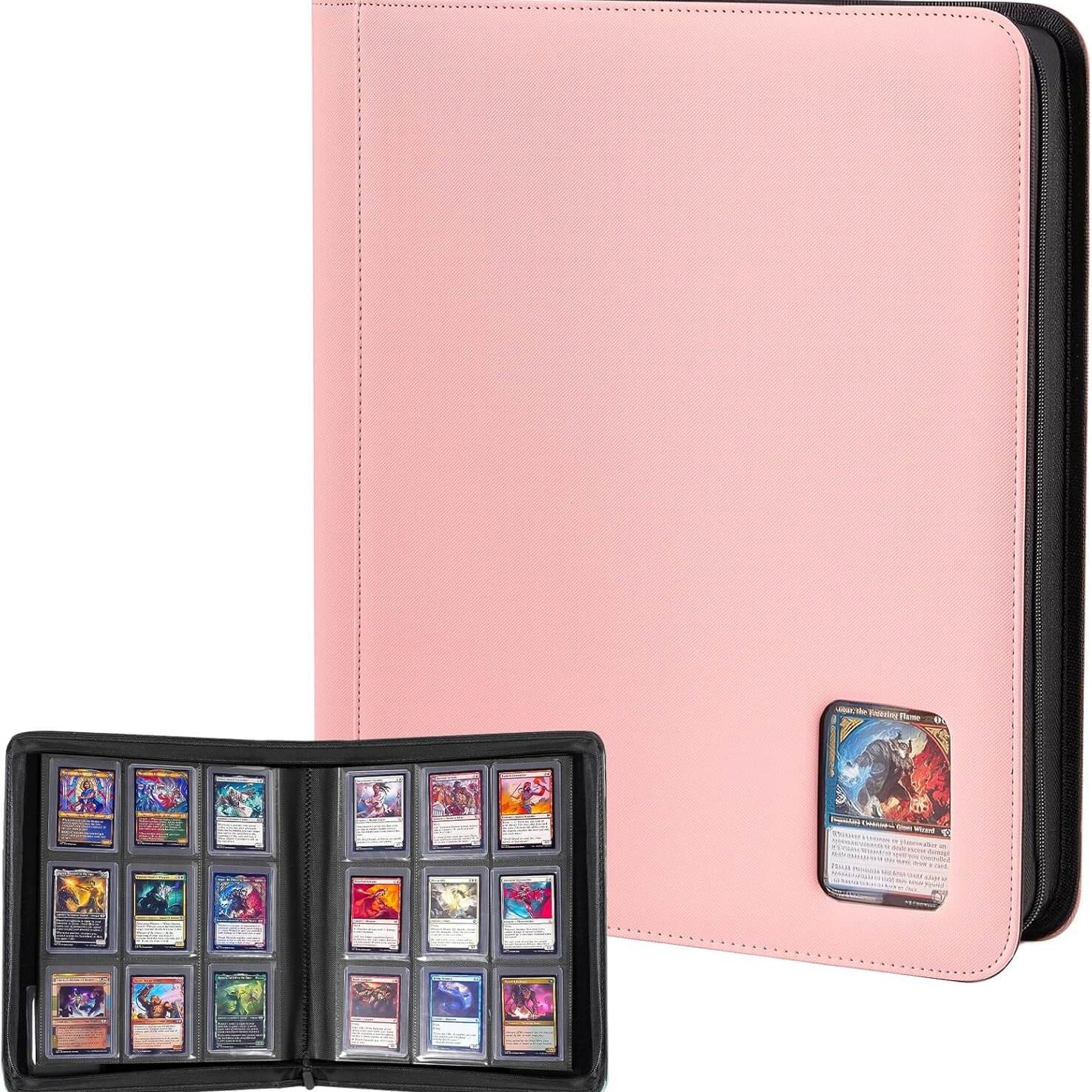 A pink card binder with a black border, shown closed and open to display card slots containing trading cards. A small card is visible in the binder's window on the front.