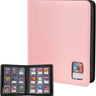 A pink card binder with a black border, shown closed and open to display card slots containing trading cards. A small card is visible in the binder's window on the front.