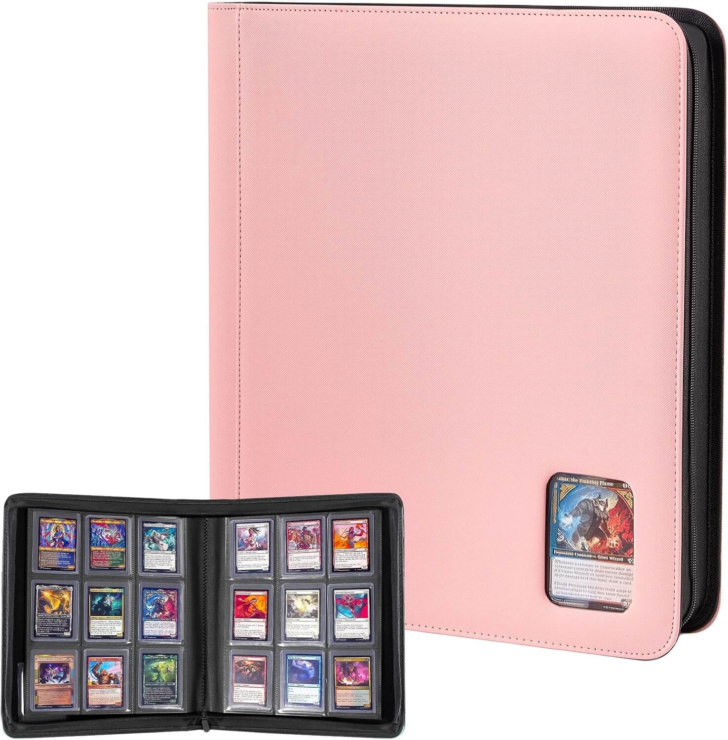 A pink card binder with a black border, shown closed and open to display card slots containing trading cards. A small card is visible in the binder's window on the front.
