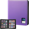 A purple textured card binder shown closed and open, with multiple trading cards visible in the insert pages. The main product is the binder itself, photographed on a plain white background.