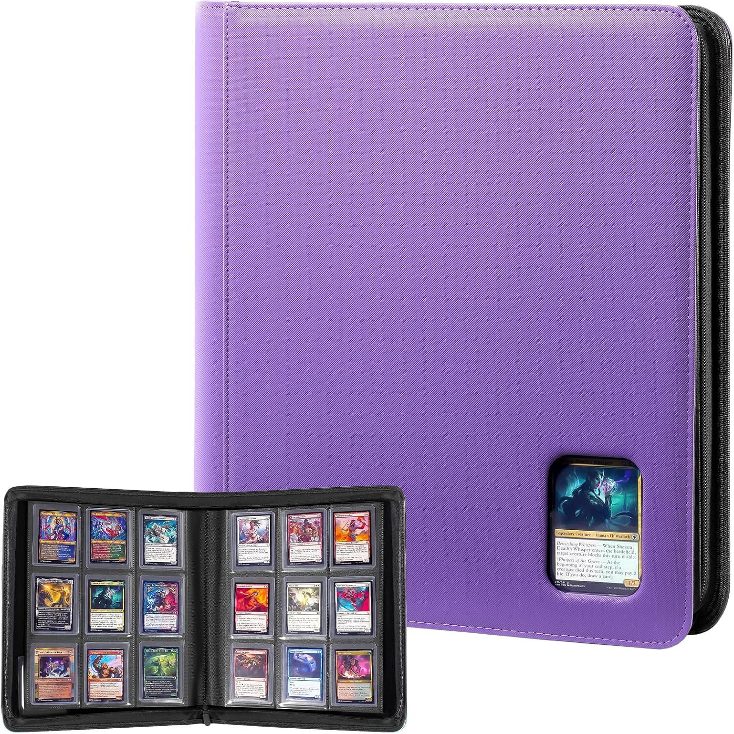 A purple textured card binder shown closed and open, with multiple trading cards visible in the insert pages. The main product is the binder itself, photographed on a plain white background.