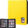 A bright yellow card album case with a black border, shown closed with a small clear window on the lower right, alongside an open view displaying multiple card sleeves and sample cards.