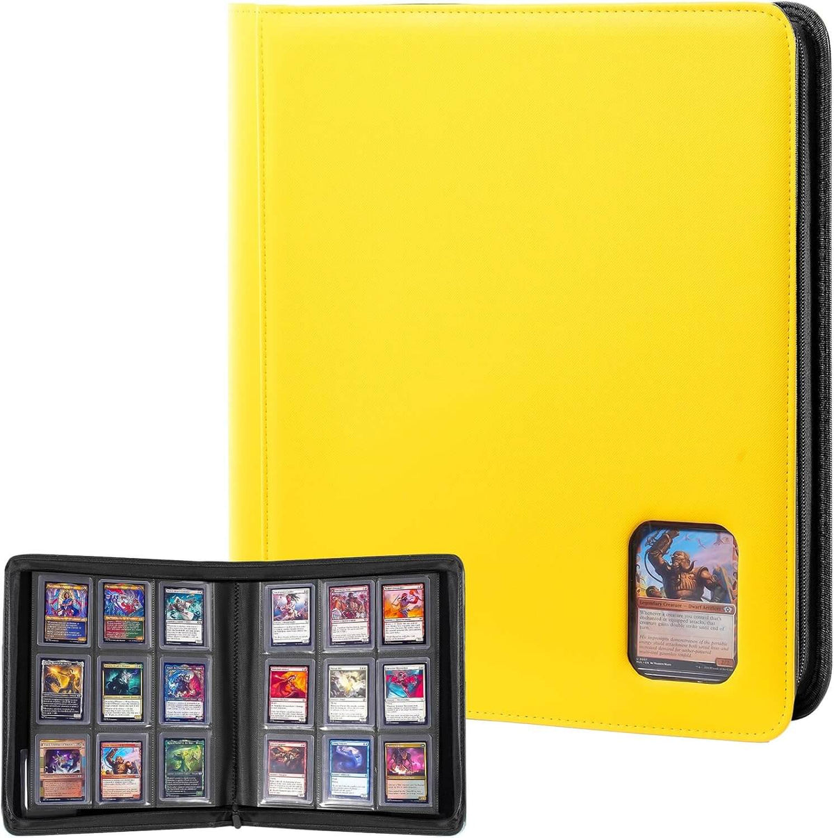 A bright yellow card album case with a black border, shown closed with a small clear window on the lower right, alongside an open view displaying multiple card sleeves and sample cards.
