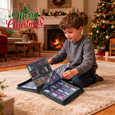 Child sitting on the floor with a collectible card album in a festive living room.