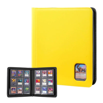 Yellow card holder with open section displaying trading card