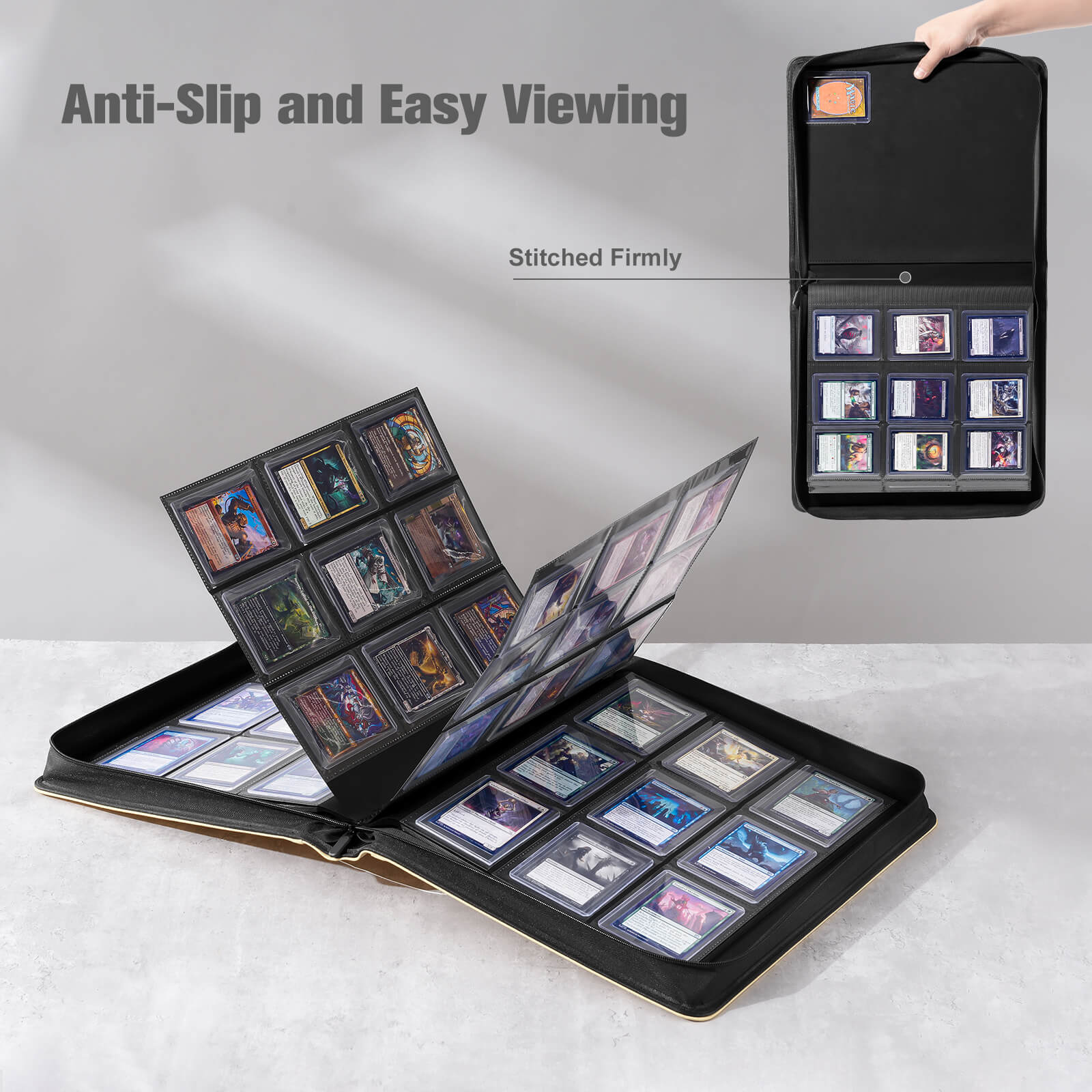 Card holder with cards on a gray surface, showing anti-slip and easy viewing features.