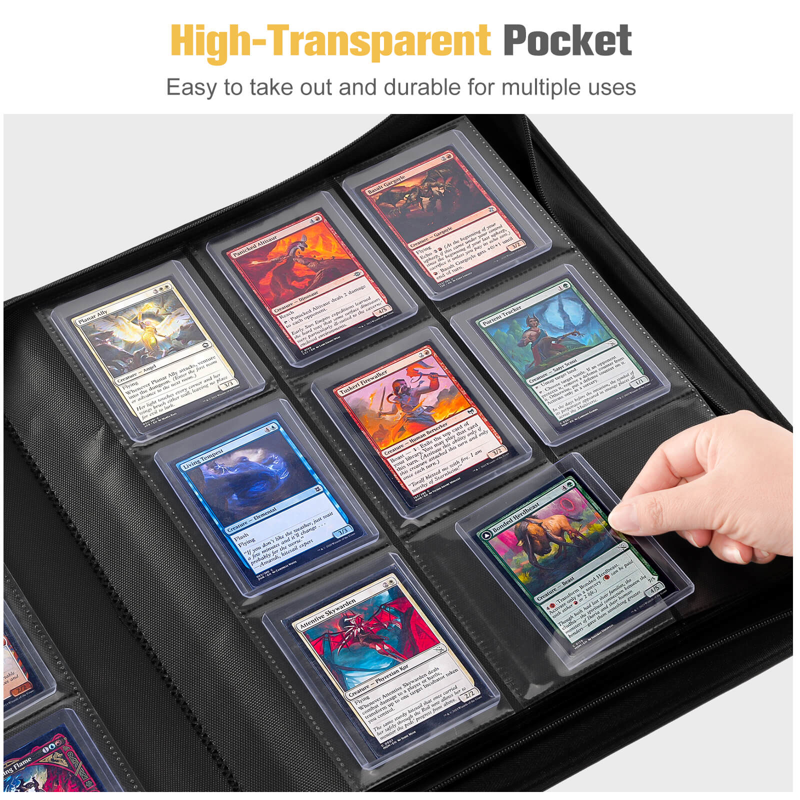 Collection of trading cards in a high-transparent pocket display case.