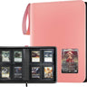 A pink 4 pocket top loader binder shown open with a black insert holding multiple trading cards, alongside the closed binder view showing a clear card window on the front.